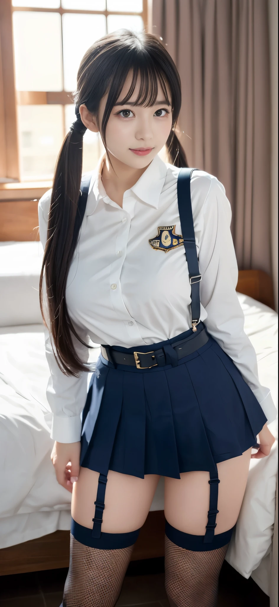 masterpiece, best quality, illustration, Super detailed, fine details, High resolution, 8K,wall paper, perfect dynamic composition,(Details High quality, realistic depiction of eyes:1.3), standing,High school girl uniform、Super Short Check Uniform Skirt、Navy blue high socks、garterbelts、Colossal tits、Disturbed uniform,, twin tails, in a hotel room in the background, deep on field, large breasts, black hair color, Big Natural Color Lip, (perfect body shape), crying a little、Harajuku style、20 year old girl、cute type、beautiful legs, Gravure Idol、bright sun light, outside,