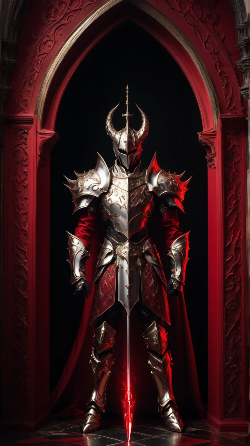 is possessed by a demon, a holy knight commander.A full-body image of an adult male . muscular body .Wear white gold holy knight armor. Eyes Deep Red . standing inside a mysterious black and red church.Bold composition
