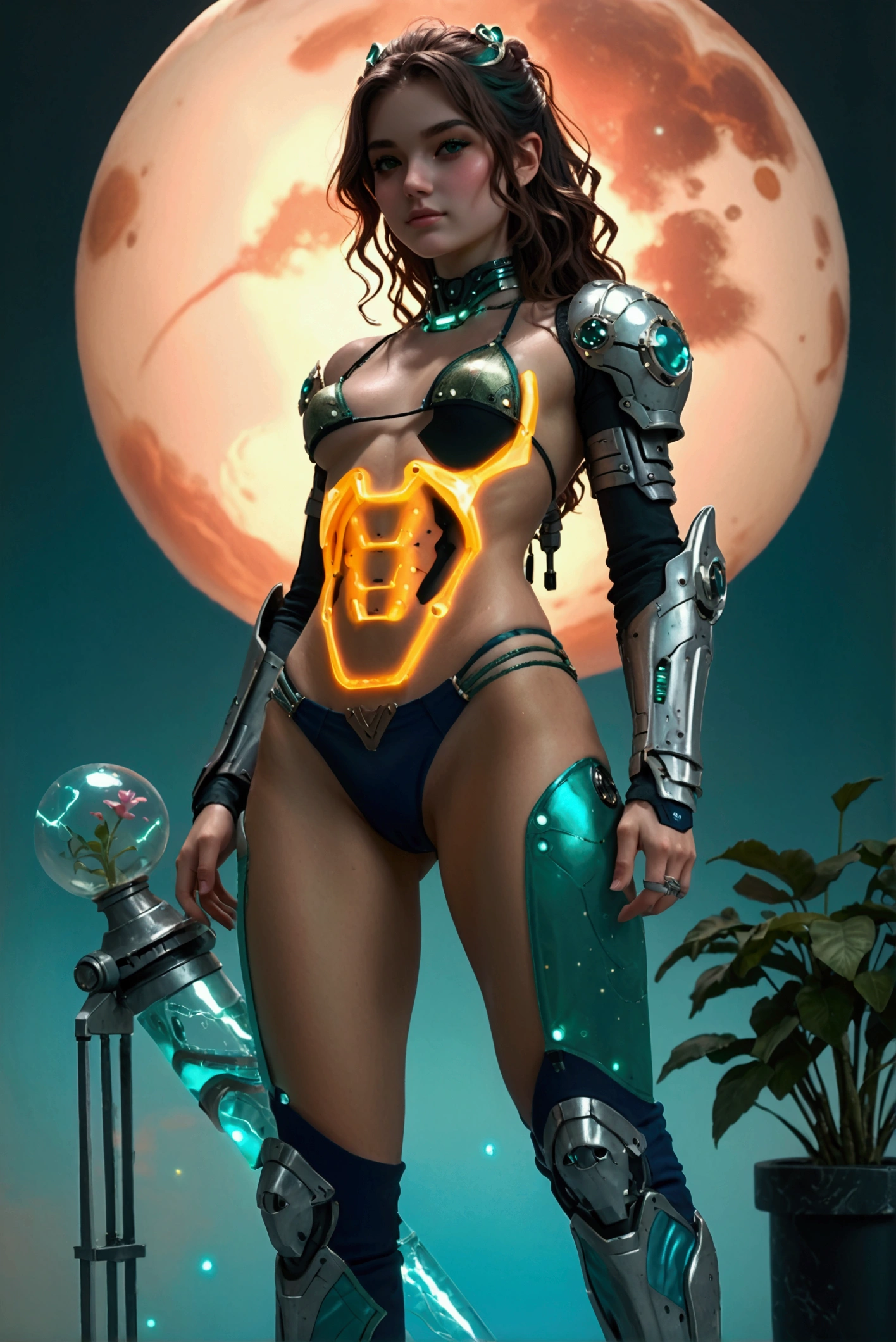 (   full body shot ) (  Attack Posture  ) (Attack mode   )    beautiful 18 year old girl      (half naked), delgado,    small breasts    , Long brown hair,   with futuristic black armor made of transparent vase   (Meca)   ( mini bikini) with built-in scorpion emblem  ,    that reflects the environment  ,    (Very unique     ) (     details of your body     )    with an open neckline up to the genital area    ,      you are on an alien planet      , emanating egengia from her hands     ,     in the background you can see a constellation of planets , (     full view of the body     ),      in perspectives      ( the best possible angle     ) (  Take it from the bottom up  ) 