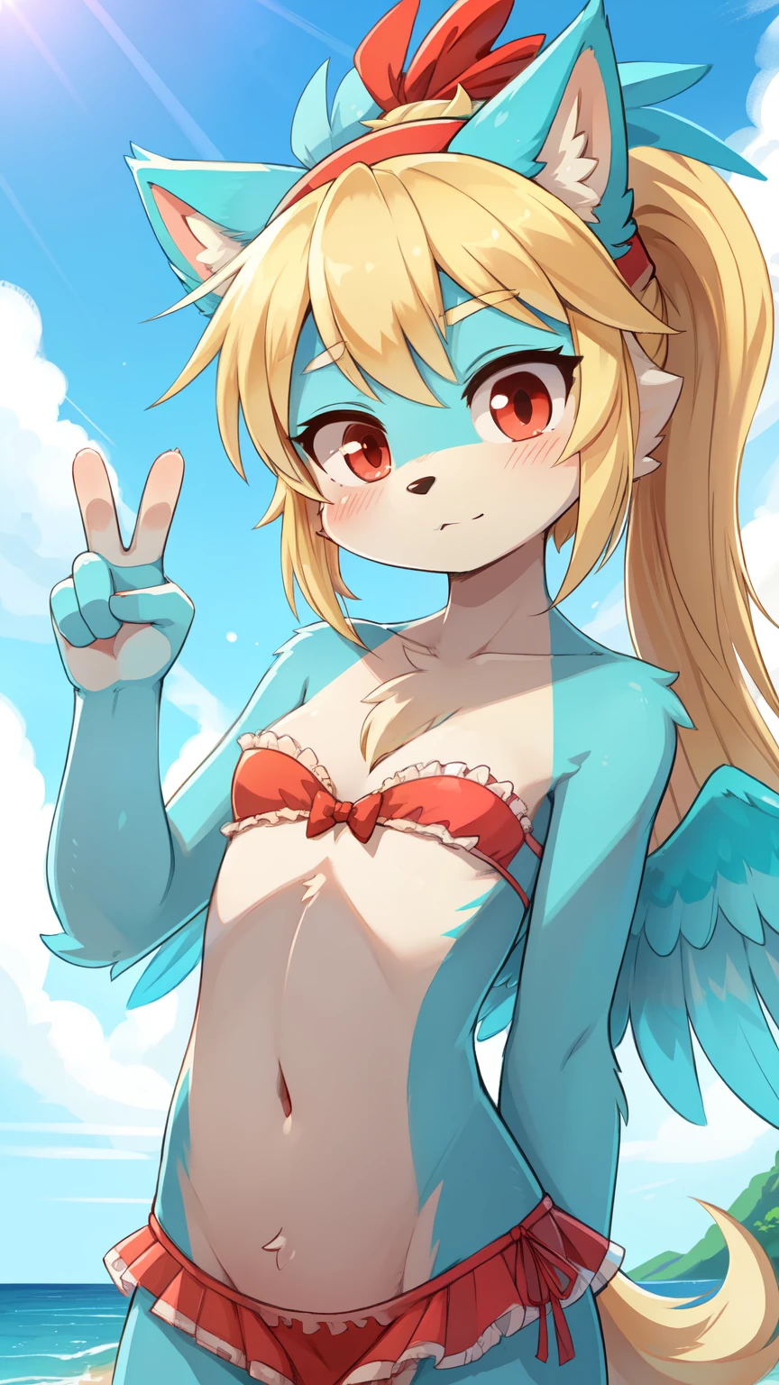 Furry girl, dog, wavy bangs, long wavy ponytail, blonde hair, stars hairpin, red eyes, small breasts, detailed body fur, ((dark blue strapless fringed bandeau bikini, small fringed skirt)), blue feathered wings, masterpiece, looking at you, two tone body fur, turquoise body fur, clear turquoise body fur, detailed face, big eyebrows, detailed eyes, detailed body, detailed hands, glistering body, shiny body, skinny, :3, floppy dog ears, (wink, one eye closed), beach, clear sky,