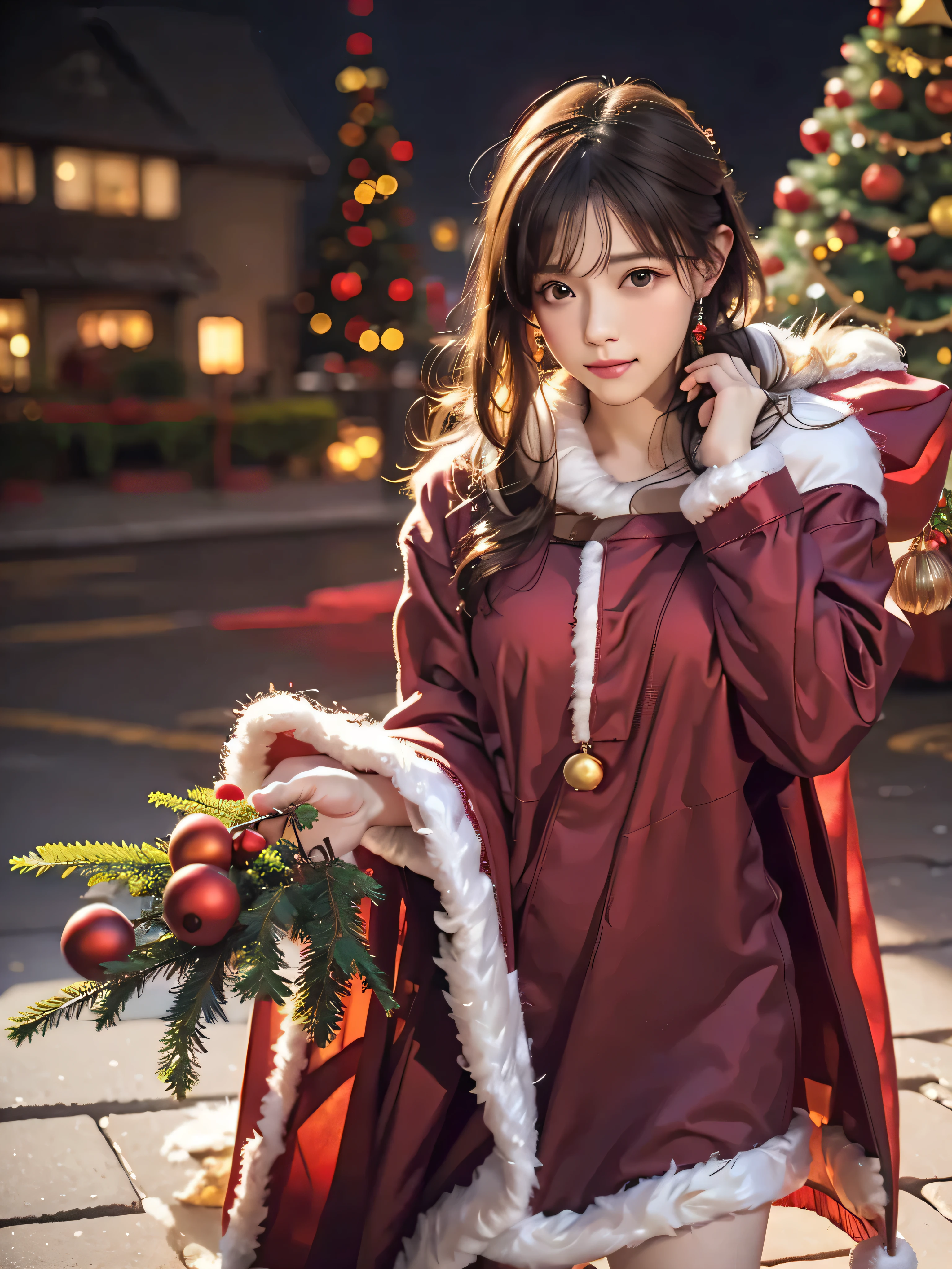  portrait、 realistic 、4K resolution、 High Quality CG、Beautiful CG、Soft light、 shiny hair、 Merry Christmas 、 red Santa Claus costume 、 Christmas tree