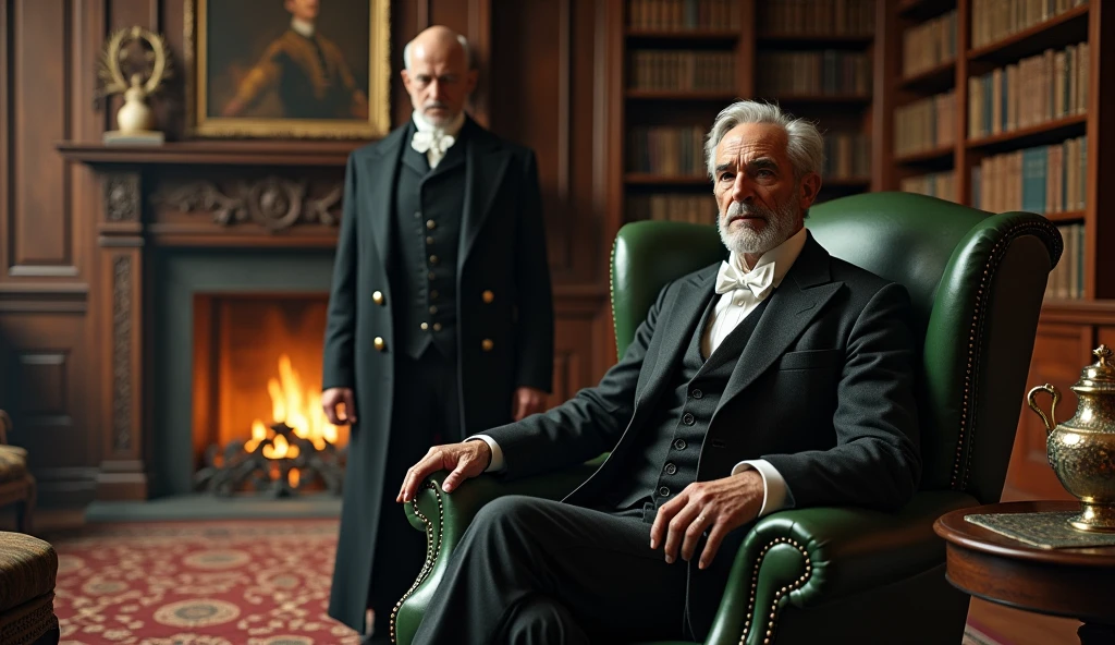 Old gentleman with a goatee，sit on chair，Eyes look at the boots，Black high-gloss rain boots, 8K分辨率,Wallpaper masterpiece，Best quality，digitial painting，Highly meticulous，Ultra high quality