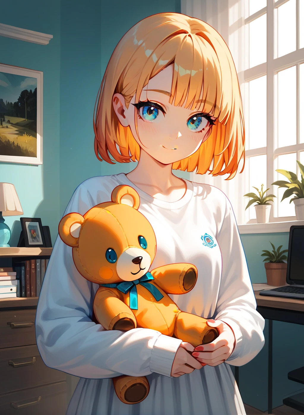 (masterpiece,  ultra-detailed,hi-res,8K), 1 girl  Vanilla_Peschutz,hold bear stuffed toy,old europian room,short stature,look at viewer,