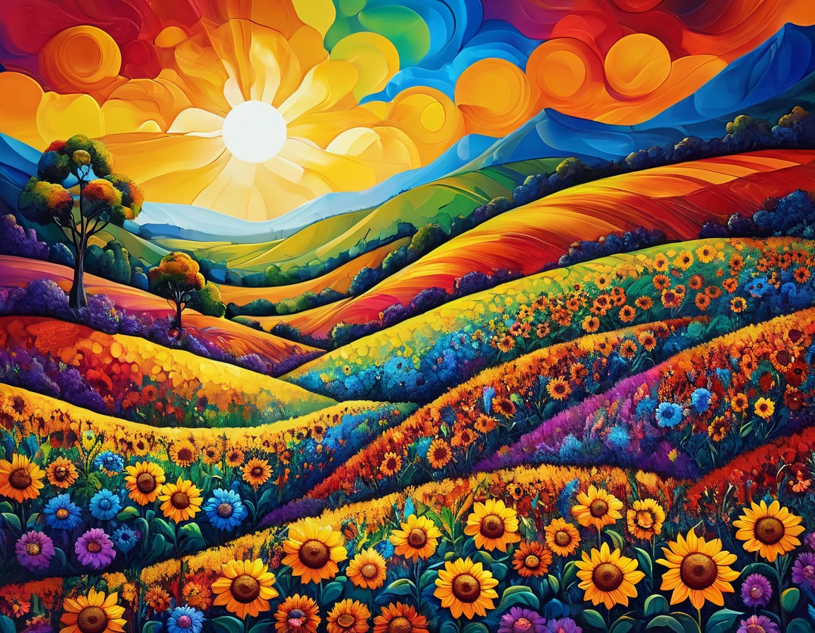 Masterpiece, best composition, dynamic composition, colorful landscape painting with sunflowers, trees and hills, colorful landscape painting, psychedelic landscape, vivid oil painting, vivid abstract landscape, color field painting. 8K, amazing colorful landscape, detailed impasto, colorful oil painting, psychedelic sky, mountains and colorful sun, painted landscape, colorful sky, hills with flowers, big trees on hills, summer day psychedelic, big colorful picture.