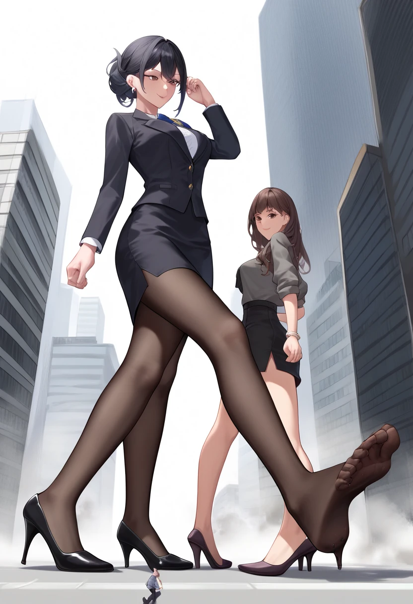 ( top quality)), ((masterpiece)), (be familiar with) Manga style illustration、 Women 30 Meters Tall Walking on Dwarfs on the Road、 Mature Slender Woman 、 black hair、One length up to the shoulder 、Office Style、 business suit、 black jacket 、White open shirt、 Black Knee Length Pencil Skirt 、I'm wearing transparent black pantyhose 、 Wearing Black High Heel Pumps 、 looking at the men under their feet 、 Walking While Stepping on Escaping Dwarfs 、 dark brown stains on the road 、Lots of Little People Running Away 、 Huge Women Wearing High Heels 、 low angle