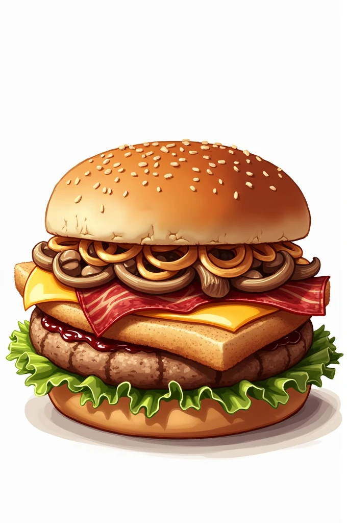 Create a burger illustration , on a white background , recipe : Brioche bun , bacon jam , champignons , turkey cutlet ,cheddar cheese , crispi onion , signature sauce . Все повинно бути точно recipe !
