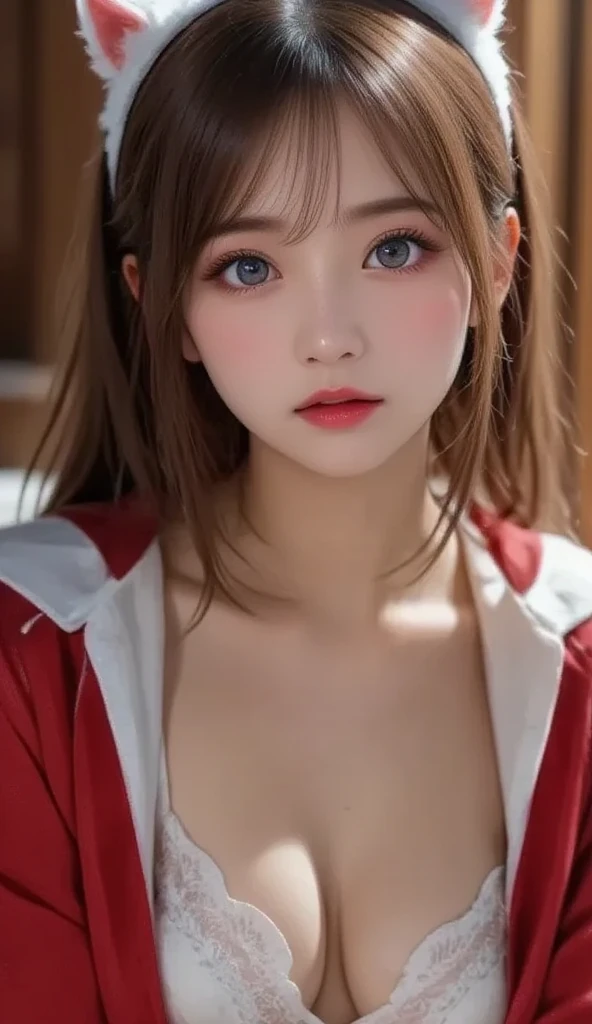 Cat ears、((  Santa Claus costume , miniskirt))、Charming、desire、20-year-old female、 Sharp Body Lines 、(( beautiful face、mouth、Eroticism))、(Big Breasts)Dramatic lighting、 real、8k、 cinematic composition、 Dark Moody ,  vibe、 Dramatic Shadows 、 intricate and elaborate pattern 、 is 、it is、 Light and Dark Lighting 、 Moody Color Palette 、 beautiful color、 deep contrast、Super real、 I have pink lipstick、 Snowy Christmas Tree Crossing Sleigh、 white christmas、 full body view、Drawing Composition 、 cinematic composition、 seductive thighs 、 Erotic Appealing 、、 Santa Claus、beautiful and realistic nipples、heavy snow、 long hair,  pale brown hair,  Big Breasts ,  glitter effect, 