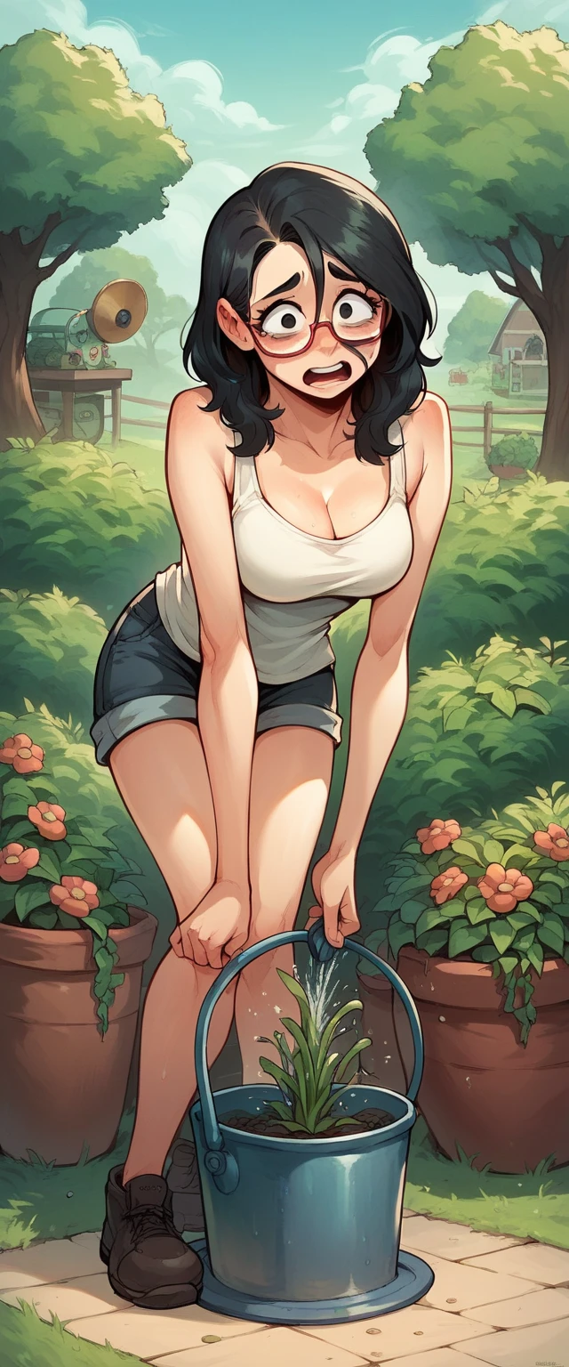 4K , top quality ,สาวgardener,Black hair,Black eyes,gardener,tank top,Full body,Sexy, Crazy Backyard, NTR,Shy,Wear glasses,Watering 