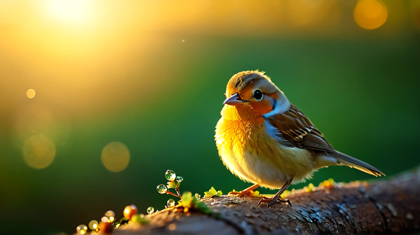 A mesmerizing close-up portrait of a gorgeous little bird illuminated by the soft, golden light of a tranquil morning, with vibrant bokeh balls gently framing its delicate form.