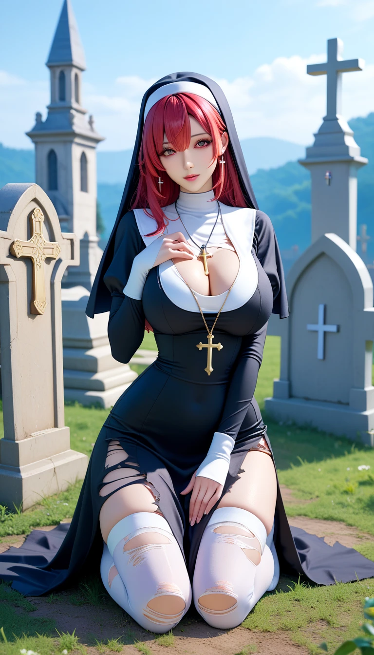  long red hair ,Straight Hair, bangs,Hair in the middle of the eye， looking at the camera, huge  ，figure，完美figure，long sleeves,nun,habit,nun,habit,dress,black dress,long dress,catholic，White underwear, white suspender stockings，Cross necklace on chest，Cleavage,plump ass,(torn_clothes:1.2)，(Ankh_necklace:1.2)，（ kneeling next to the tombstone:1.9），（Cemetery：1.6），（It's raining at night ：1.2）