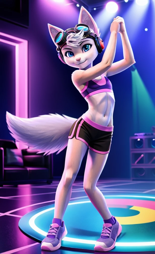 Rivet, tail, furry girl, 1girl, solo, young, pink sport shorts, pink sport bra, black soccer shoes, inside livingroom, dancing, listening to music wearing headphones, detailed body fur, detailed body, detailed eyes, detailed face, athletic, skinny, high quality, masterpiece, small breasts, goggles, looking at you, full body, six pack, 