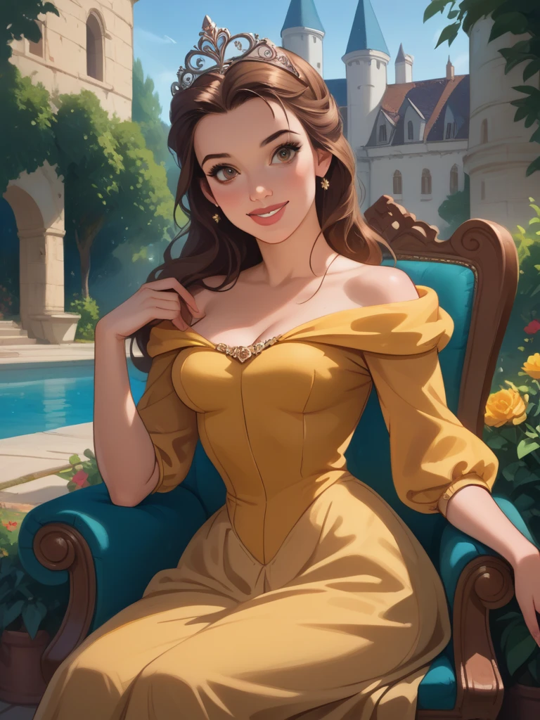 , One in the middle of a garden,  castle in the background,  yellow dress , bare shoulders,  cleavage, shezfe ,  sit on chair ,  brown hair , tiara, curve,  medium breasts,  narrow waist,   wide hips ,  thick thighs ,  looking at the spectator,  dynamic angle, cowboy shot, cartoon, Dynamic pose, to smile, , open plan, realistic, from the side, dress lift, bare thighs, Sensual, 
BelleXLP  