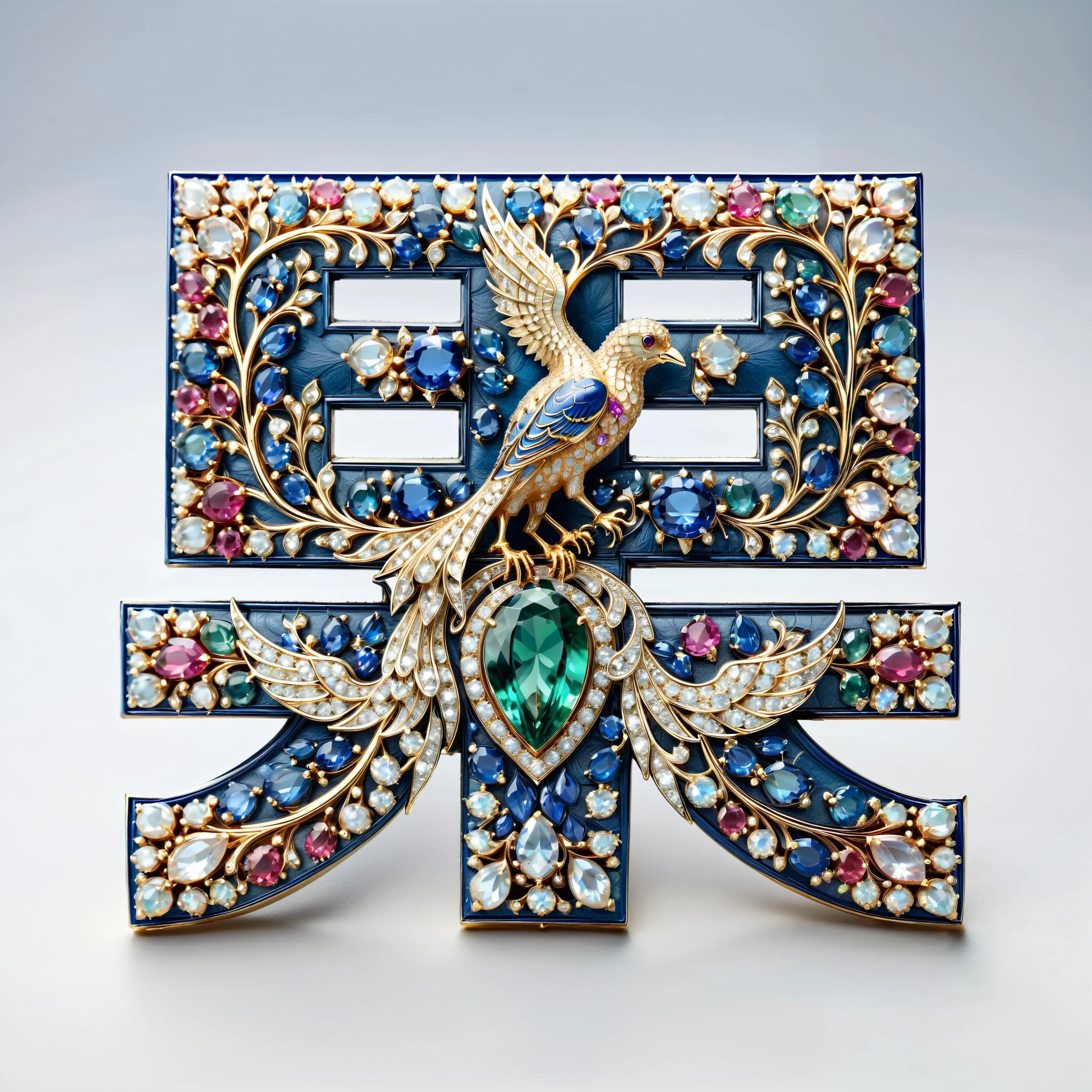 masterpiece. Exquisite brooch ， depicts a Malagasy tourmaline phoenix， precious stones adorning high jewellery . Exquisite craftsmanship.  high quality. Excellent refinement. (( super detailed)).  on the table decoration ， and scattered some mother-of-pearl , opal, ruby. lapis lazuli. masterpiece hors norme. majestic and true.  Super Realistic .. ((  white background ))