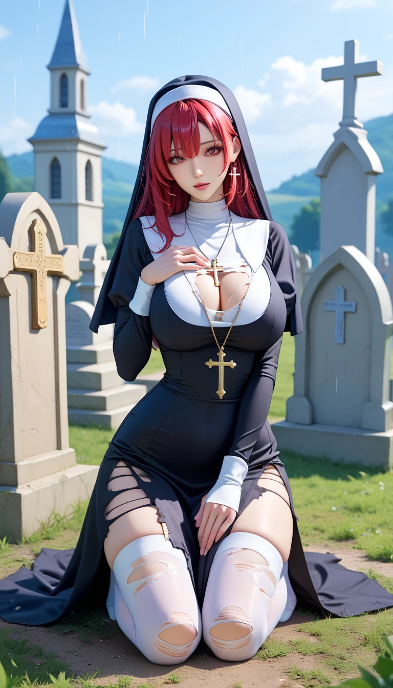  long red hair ,Straight Hair, bangs,Hair in the middle of the eye， looking at the camera, huge  ，figure，完美figure，long sleeves,nun,habit,nun,habit,dress,black dress,long dress,catholic，White underwear, white suspender stockings，Cross necklace on chest，Cleavage,plump ass,(torn_clothes:1.2)，(Ankh_necklace:1.2)，（ kneeling next to the tombstone:1.9），（Cemetery：1.6），（It's raining at night ：1.2）