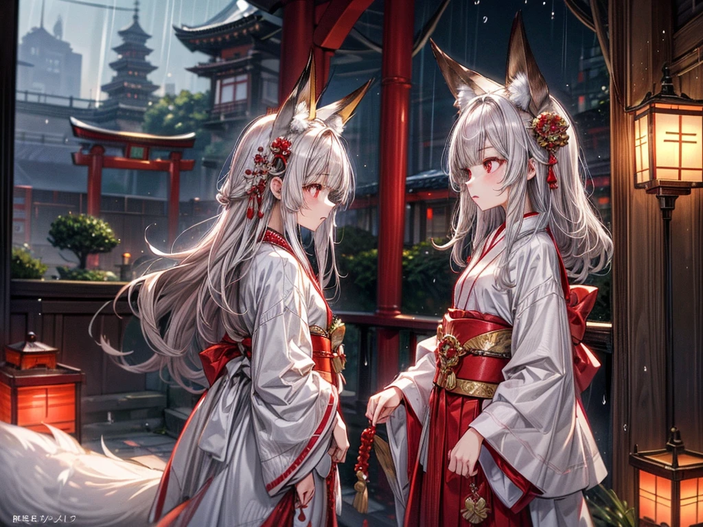 masterpiece,  top quality,(( one girl , medium chest )),Narrow treeshrees,perfect dark red eyes , (( gray hair straight hair, princess cut, long hair on background,White fox ears)),((Luxurious shrine maiden costume,The gorgeous red skirt )), blue-white skin,A sad expression,Rain, is on the balcony of a Japanese-style mansion, where there are a lot of dirty nets,profile, side composition,red Japanese style hair ornament 