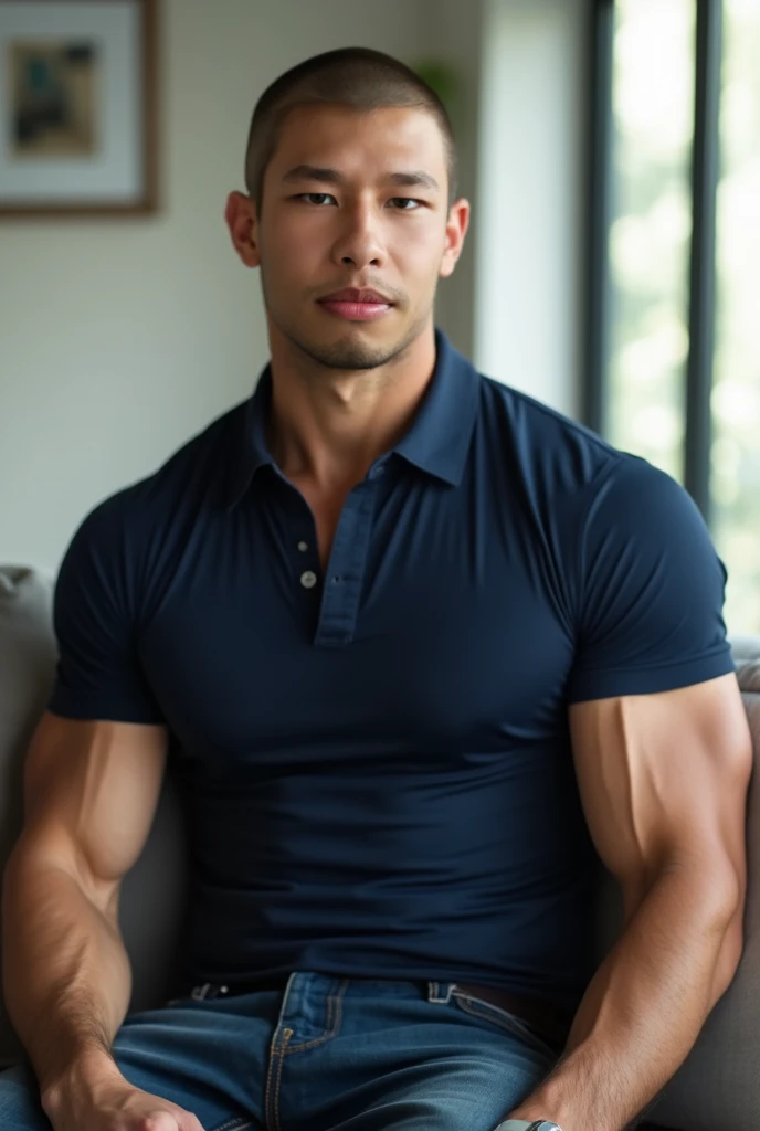 1 male,realistic, highly detailed, intricate details, detailed background, depth of field, photo of a daddy ,(((beefy ))),(fat pecs only), (Korean-thai 27 ages), on big window, (smirk:0.9), (seductive gaze, tired), (open mouth:0.9), jean pants, standing cool pose