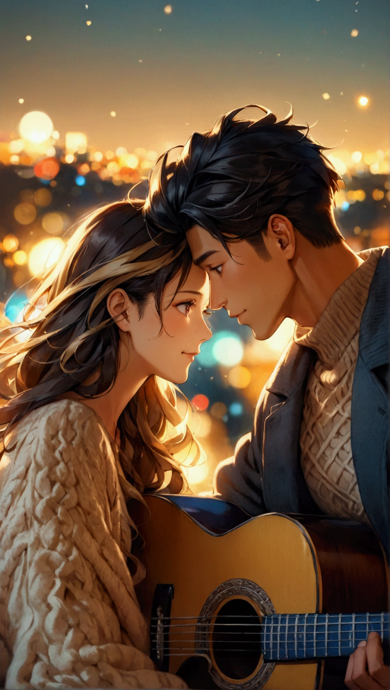 A cinematic photo of an rooftop serenade set against the breathtaking backdrop of Washington D.C. on a warm autumn night, with a sky ablaze with bright stars. The Asian man, with a round face, golden undertone, brown skin, double lid, round black eyes, low cheek bones, and a straight nose, has short black hair styled in a classically slicked-back manner. He wears a stylish, fitted sweater, accentuating his gentle, romantic expression as he strums the guitar and sings to his European girlfriend. She, with a pretty oval face, almond-shaped eyes, low cheek bones, and a Greek nose, has blonde hair that cascades down her back in soft, flowing waves, complementing her fair complexion with a cool undertone. Dressed in a cozy sweater paired with casual, dark-washed pants, she listens intently, a gentle blush on her cheeks, her face aglow with happiness. The full-body shot captures the tender moment, with the guitar and stars shining brightly, as the warm, golden lighting of the rooftop ambiance illuminates the couple's joyous, romantic evening. ((Asian man, 30-year old, muscular physique, round face)), (European woman, 23-year old, blonde hair, long hair)), ((looking at the viewer)), highly detailed, very fine