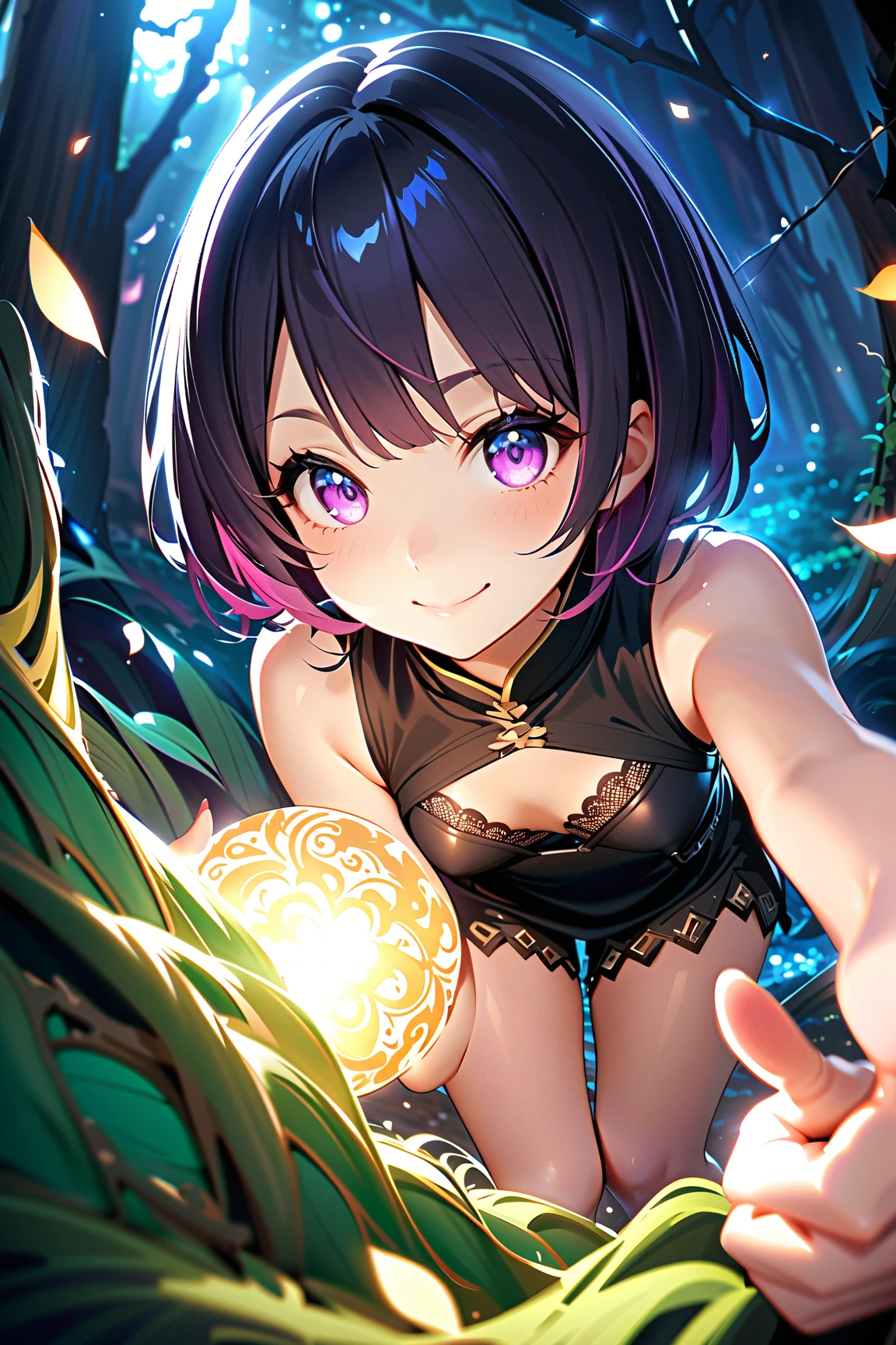 1 girl, (cute face), , short hair, (cheeky smile), (playful eyes), small breasts, slim, (wearing a stylish rogue outfit with lace accents), knee length, (lightly tanned skin),  
BREAK  
Dark enchanted forest, tangled vines, mysterious ambiance, (leaning forward teasingly:1.2), (pointing at a glowing treasure:1.2), outdoors  
BREAK  
(dramatic lighting, colorful highlights, whimsical shadows), lighthearted atmosphere, mid-action shot, character focus,  
BREAK  
high fantasy, game cg, absurdres, highres, ultra detailed, beautiful, (masterpiece), (best quality:1.2),
