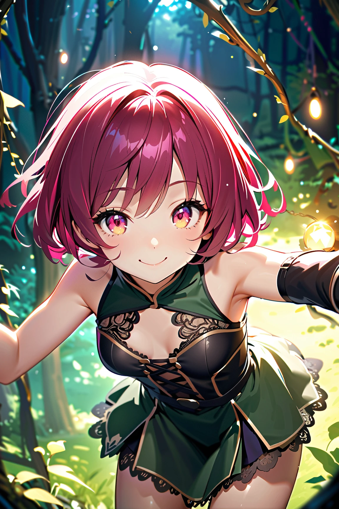 1 girl, (cute face), , short hair, (cheeky smile), (playful eyes), small breasts, slim, (wearing a stylish rogue outfit with lace accents), knee length, (lightly tanned skin),  
BREAK  
Dark enchanted forest, tangled vines, mysterious ambiance, (leaning forward teasingly:1.2), (pointing at a glowing treasure:1.2), outdoors  
BREAK  
(dramatic lighting, colorful highlights, whimsical shadows), lighthearted atmosphere, mid-action shot, character focus,  
BREAK  
high fantasy, game cg, absurdres, highres, ultra detailed, beautiful, (masterpiece), (best quality:1.2),
