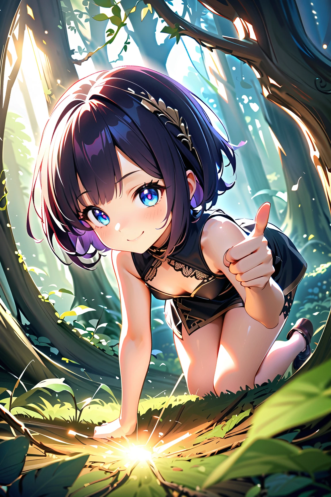 1 girl, (cute face), , short hair, (cheeky smile), (playful eyes), small breasts, slim, (wearing a stylish rogue outfit with lace accents), knee length, (lightly tanned skin),  
BREAK  
Dark enchanted forest, tangled vines, mysterious ambiance, (leaning forward teasingly:1.2), (pointing at a glowing treasure:1.2), outdoors  
BREAK  
(dramatic lighting, colorful highlights, whimsical shadows), lighthearted atmosphere, mid-action shot, character focus,  
BREAK  
high fantasy, game cg, absurdres, highres, ultra detailed, beautiful, (masterpiece), (best quality:1.2),
