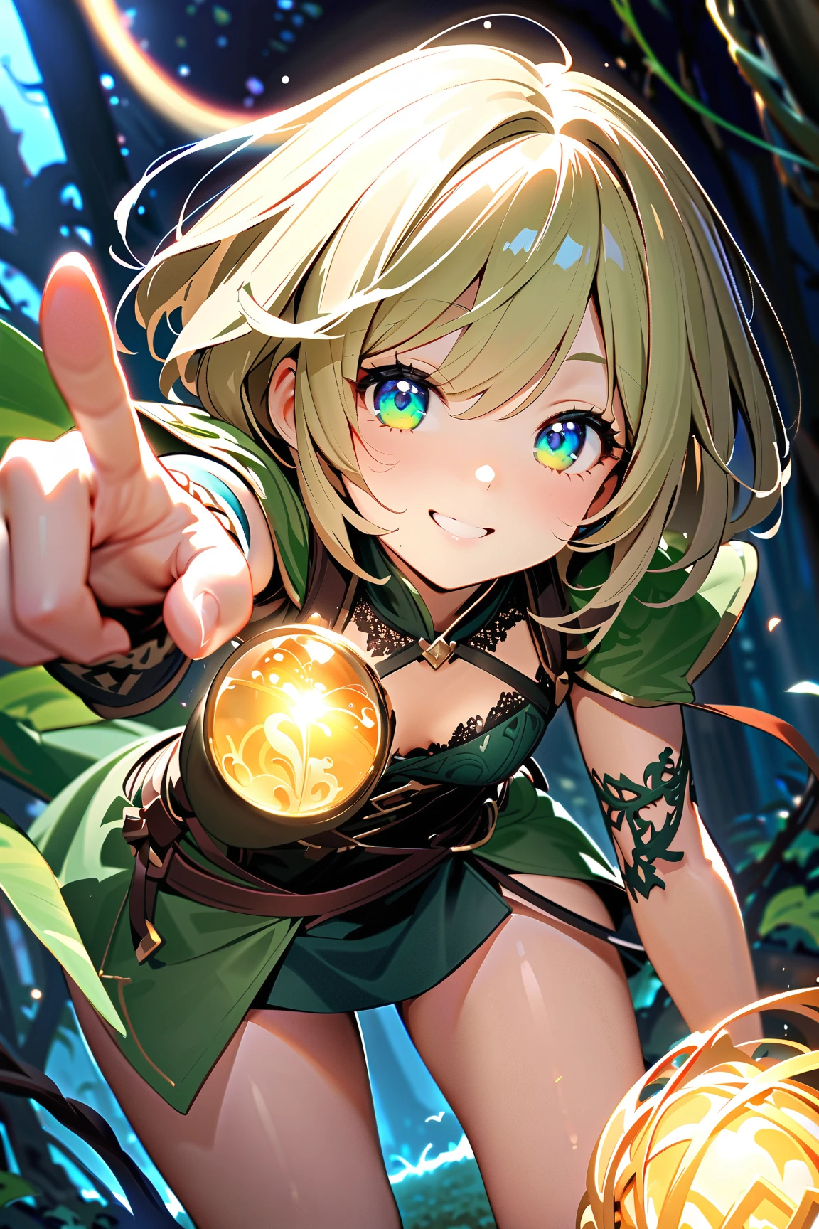 1 girl, (cute face), , short hair, (cheeky smile), (playful eyes), small breasts, slim, (wearing a stylish rogue outfit with lace accents), knee length, (lightly tanned skin),  
BREAK  
Dark enchanted forest, tangled vines, mysterious ambiance, (leaning forward teasingly:1.2), (pointing at a glowing treasure:1.2), outdoors  
BREAK  
(dramatic lighting, colorful highlights, whimsical shadows), lighthearted atmosphere, mid-action shot, character focus,  
BREAK  
high fantasy, game cg, absurdres, highres, ultra detailed, beautiful, (masterpiece), (best quality:1.2),
