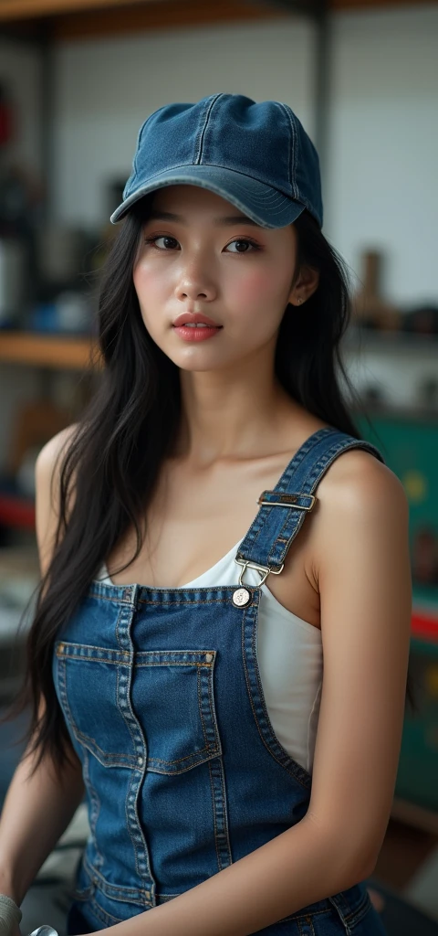 (Raw foto:1.2), (Photorealsitic:1.4), a beautiful detailed girl, extremely detailed eye and face, beatiful detailed eyes, Ridiculous, unbelievable Ridiculous, huge filesize, ultra-detailliert, hight resolution, ighly detailed, top-quality, ​masterpiece, Hyper High Detail, Cinematic lighting，from side ,Modern， Full body like，refined face，kawaii faces，Skin reflection，25 years old female，slimfigure，A slender,cropped shoulders，Outside,((Woman in overalls)),Transverse breasts