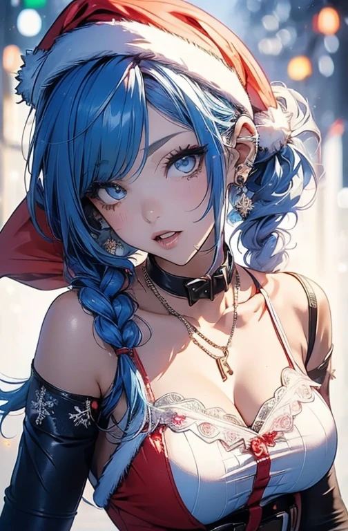top-quality、Top image quality、masterpiece、girl with((sixteen years old、teen ager、cute little、Best Bust、big bast,Beautiful blue eyes、Breasts wide open, blue hairs、red hairs、Longhaire、A slender,Large valleys、,Black floral dress、A smile、blue scarf、Black wristband)),hiquality、Beautiful Art、Background with((dark wide space、fireplace、Hot soup、chandelle)))、,masutepiece、depth of fields,Cinematic style