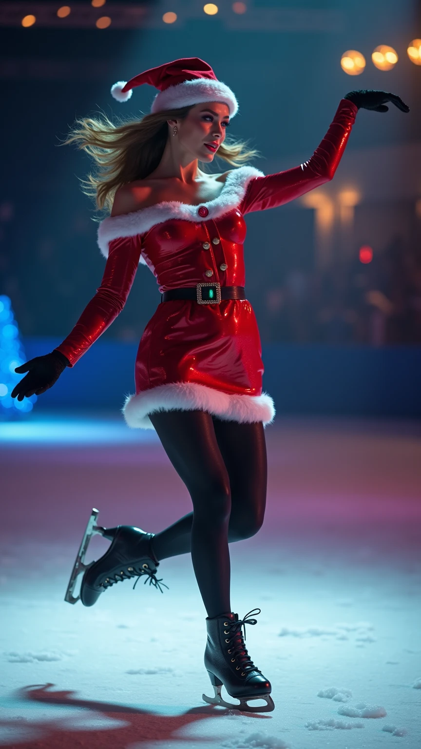  Young Beautiful Woman,(masterpiece:1.3, top quality:1.3, very detailed depiction:1.3, Incredibly Absurd High Definition ),（ woman in Santa Claus costume dancing on ice ）,( red latex Santa Claus costume, pencil skirt, Body Stocking,Santa hat,black lace gloves, luxury accessories ,A mysteriously shining jewel, black tights,Skates),(Purple Eyes,Crazy Eyes, half-closed eyes:1.5, are opening their mouths, bewitching smile, Glossy Lipstick,Beautiful legs, healthy legs,High kick with one leg raised ,Dancing on ice), full body image :2.0, Dramatic Lighting , spotlights