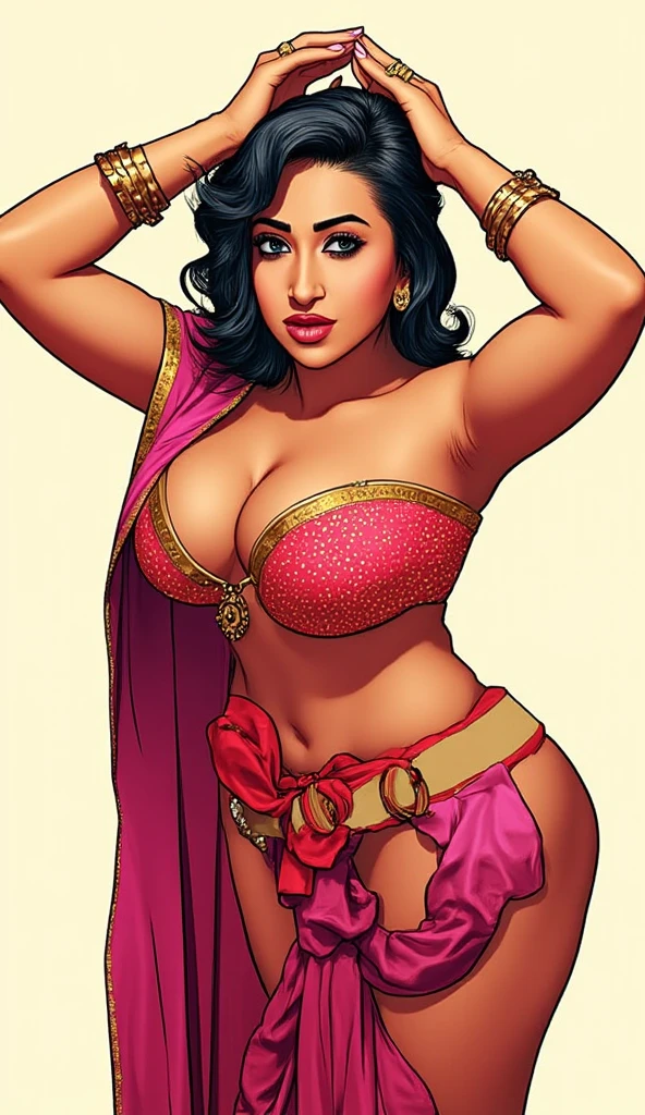 bhabhi with huge boobs in saree, Bhabhi posing with her hands on her head, bhabhi biting her lips seductively with her eyes closed,k tense and dramatic), comic style