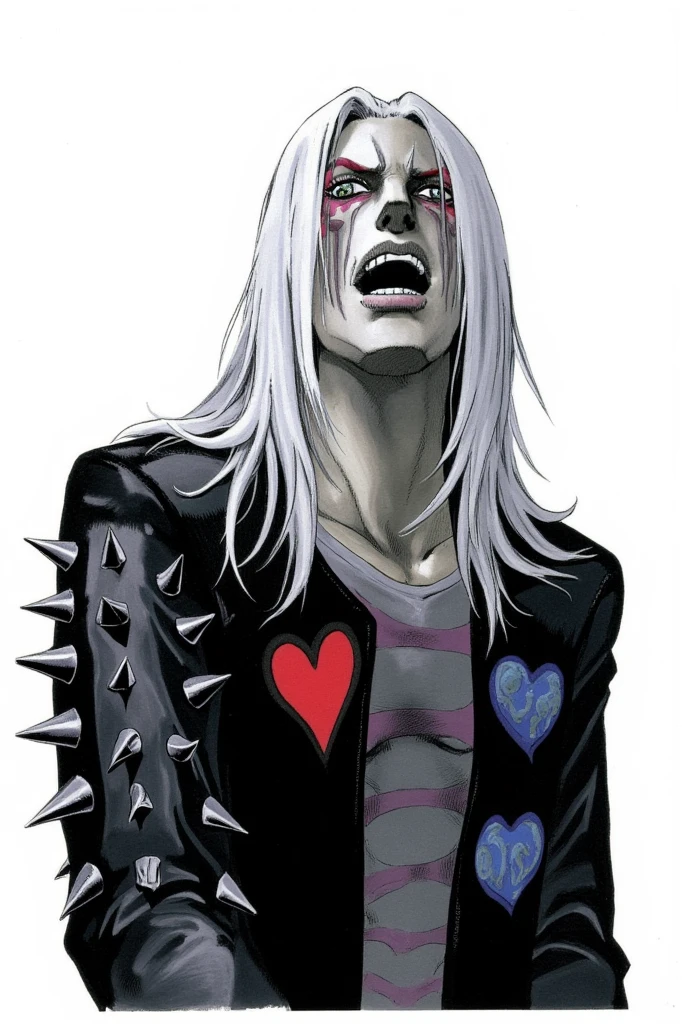 The image is a digital illustration of a man with long white hair and a skull-like face. He is wearing a black jacket with spikes on the sleeves and a heart-shaped patch on his chest. The man appears to be in a state of distress, with his eyes wide open and his mouth slightly open, as if he is screaming or crying. The background is white, and the overall mood of the image is dark and eerie