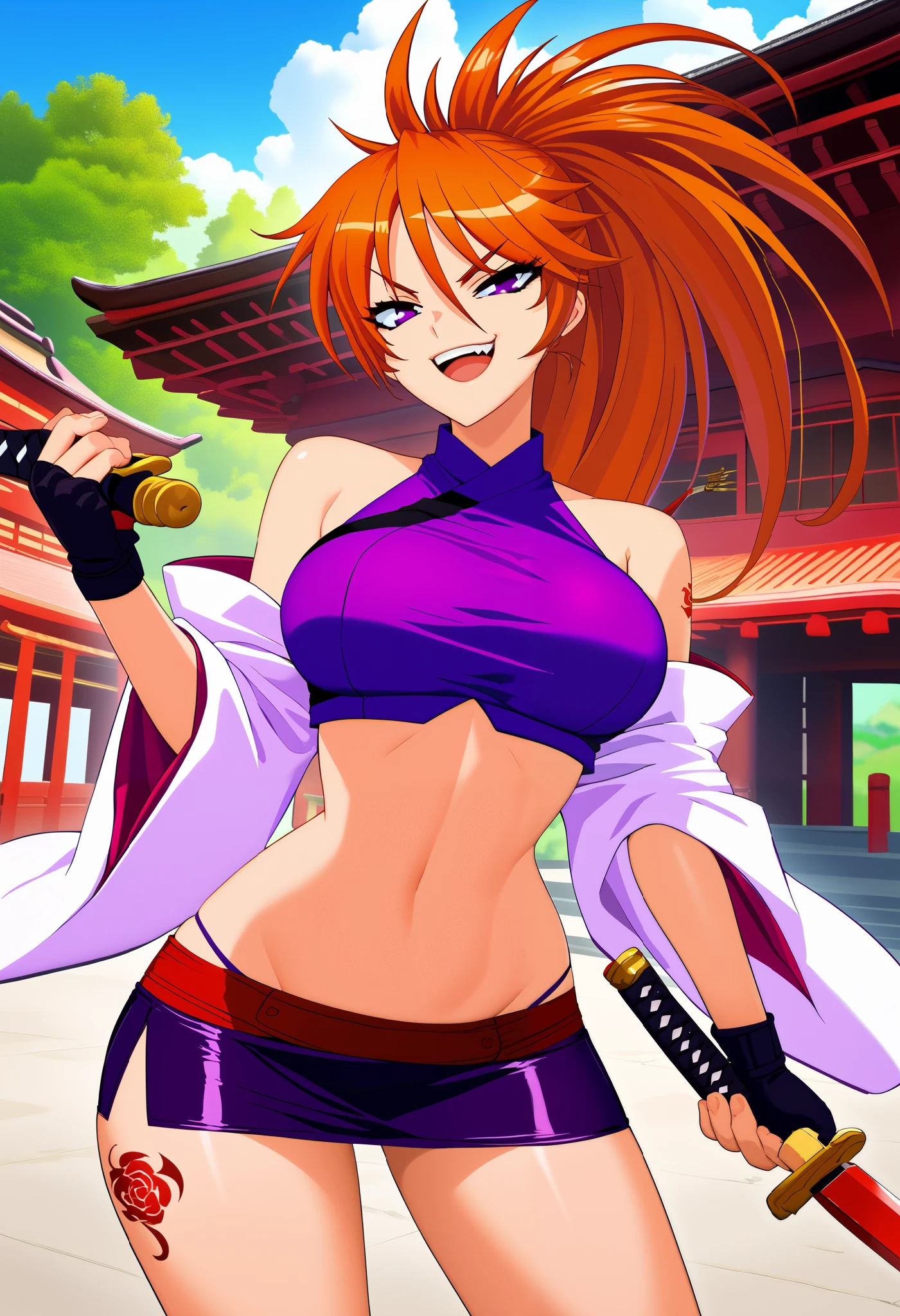 score_9, score_8_up, score_7_up, score_6_up, source_anime, 1girl, solo,  taimaAK, orange hair, ponytail, purple eyes,  smug, smirk, curvy, large breasts,  ninja, crop top, purple crop top, microskirt, ,fingerless gloves, black gloves, holding dagger, dagger, dual wielding, curvy, large breasts, masterpiece, best quality, highly detailed, a anime girl in kimono dress ,holding sword, bare shoulder,open kimono, evil smile, open mouth, crop top , (nsfw) not safe for work, smile, ecchi anime style, anime girls, ecchi style, ecchi, digital anime art!!, in anime style, official artwork, visual novel cg, beautiful anime girl, anime style 4 k, kimono pencil skirt, exposed belly, exposed navel, exposed midriff, exposed lower belly, outdoor, japanese architecture, temple, dragon tattoo, tattoo on body, tattoo midriff, rose tattoo,