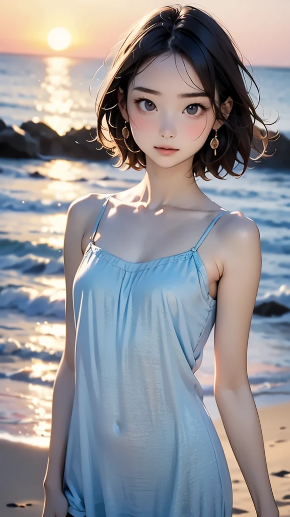 one girl, ***** face, cute face, ash gray hair:1.5, bob hair, short hair, camera's line of sight, small breasts, An ennui look, (((camisole, dress))) , particles of light, sea of ​​sunset, calm sea, white sand beach, very beautiful sunset, RAW photo, highest quality, High resolution, High resolution, masterpiece:1.3, 8k, 12k, professional photographer,((Extremely precise and accurate anatomy:1.0)),Kind eyes,Graceful pose,(Beauty of form:1.4) Golden ratio, big eye,(nature's providence:1.4),