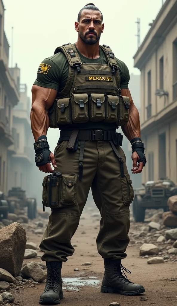Homem brasileiro, com trajo de guerra, cabelos grandes, corpo musculoso, cheio de cicatrizes, with gun in hand, Holding a sigar with the other hand, olhar frio, Bleeding left arm, nu fim da rua, com liblinas, expression of war, mochila nas costas, qualidade ultra realistica, melhor obra-prima, qualidade extremamente realistica, bem detalhado, melhor qualidade do mundo, todo bem detalhado.