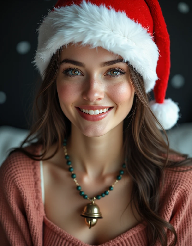 Realistic image. Portraits. Top body shot of a woman. Santa hat. Necklace with Christmas bells. Smile.