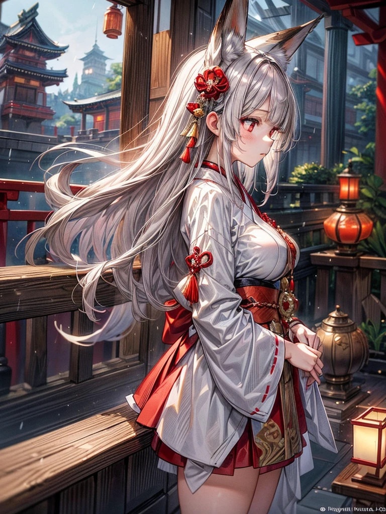 masterpiece,  top quality,(( one girl ,Big Breasts)),Narrow treeshrees,perfect dark red eyes , (( gray hair straight hair, princess cut, long hair on background,White fox ears)),((Luxurious shrine maiden costume,The gorgeous red skirt )), blue-white skin,A sad expression,Rain, is on the balcony of a Japanese-style mansion, where there are a lot of dirty nets,profile, side composition,red Japanese style hair ornament 