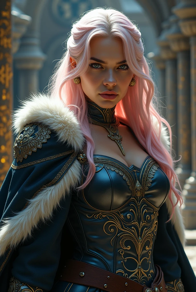 A captivating, high-resolution cinematic photo of an enchanting elfin woman with freckles, glasses, and cascading pink hair, intricately braided. She stands near a towering steampunk structure adorned with intricate metalwork and vibrant colors. Her warrior attire is a harmonious blend of elegant fashion and futuristic armor, reflecting her powerful, adventurous spirit. The background is a mesmerizing fusion of ethereal and steampunk elements, creating an atmospheric scene that draws the viewer into her world. The attention to detail and stunning visual impact make this photograph a true masterpiece., photo, cinematic, fashion, portrait photography