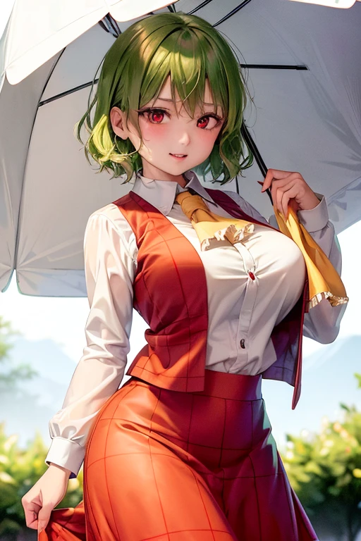 Navel, big breasts, masutepiece, Best Quality, 1girl in, kazami yuuka, Green hair, umbrellas, Solo, Skirt, vests, Plaid,  ascot, plaid skirts, Short hair, Long sleeves, Plaid vest, White shirt, Holding, Red skirt Collared shirt, Red vest、 Red Eyes, skirt set, Smile, Green eyes,, yellow ascot, Open your clothes, open vest,  Cowboy Shot、Undressing