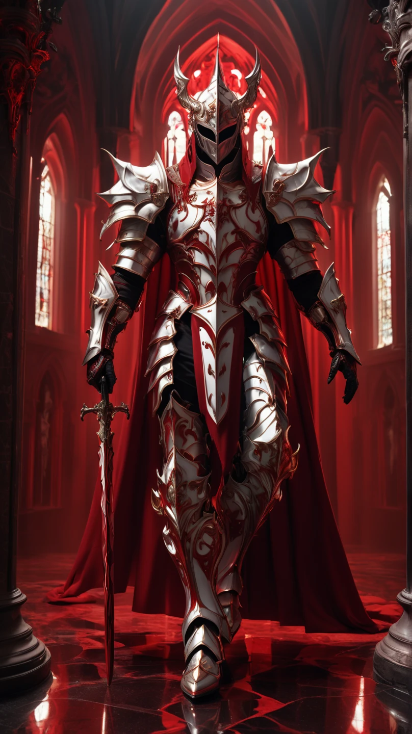 is possessed by a demon, a holy knight commander.A full-body image of an adult male . muscular body .Wear white gold holy knight armor. Eyes Deep Red . standing inside a mysterious black and red church.Bold composition
