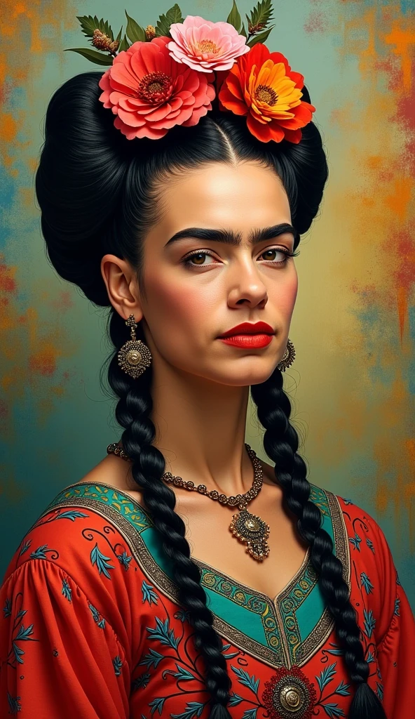 A portrait of Frida Kahlo, capturing her distinctive style with traditional Mexican clothing and elaborate floral headpiece. Her hair is styled in thick braids, adorned with colorful flowers, reflecting her iconic appearance. She wears a vibrant red and teal dress with intricate patterns, emphasizing her cultural heritage. The background is filled with bold, vivid colors, reflecting the intensity of her art and personality. The overall style is a mix of realism and symbolic elements that reflect her unique identity.