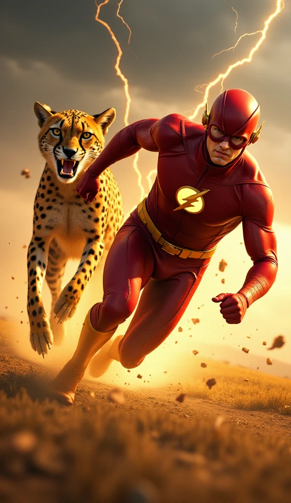 An electrifying and high-speed battle scene between Flash and a massive, ferocious cheetah. Flash, wearing his iconic red suit with golden lightning accents, moves at superhuman speed, leaving behind streaks of glowing yellow lightning that arc through the air. His face is intense and focused, with visible signs of strain and sweat as he pushes himself to his limits. The cheetah, larger than life and muscular, moves in a blur alongside him, its sleek golden fur patterned with black spots and glinting in the light. Its claws are extended, sharp and deadly, and its glowing amber eyes lock onto Flash as it snarls mid-sprint, revealing sharp fangs. The scene shows the two moving across a vast savannah at impossible speeds, the ground splitting and dust exploding beneath their feet. Torn grass and debris fly into the air, caught in the force of their movement. The background is dynamic and motion-blurred, with faint lightning flashes and gusts of wind highlighting their incredible speed. The lighting emphasizes the intensity, with dramatic sunlight breaking through storm clouds, casting their forms into sharp relief. The image is hyper-realistic, full of energy, speed trails, and the raw tension of their legendary clash