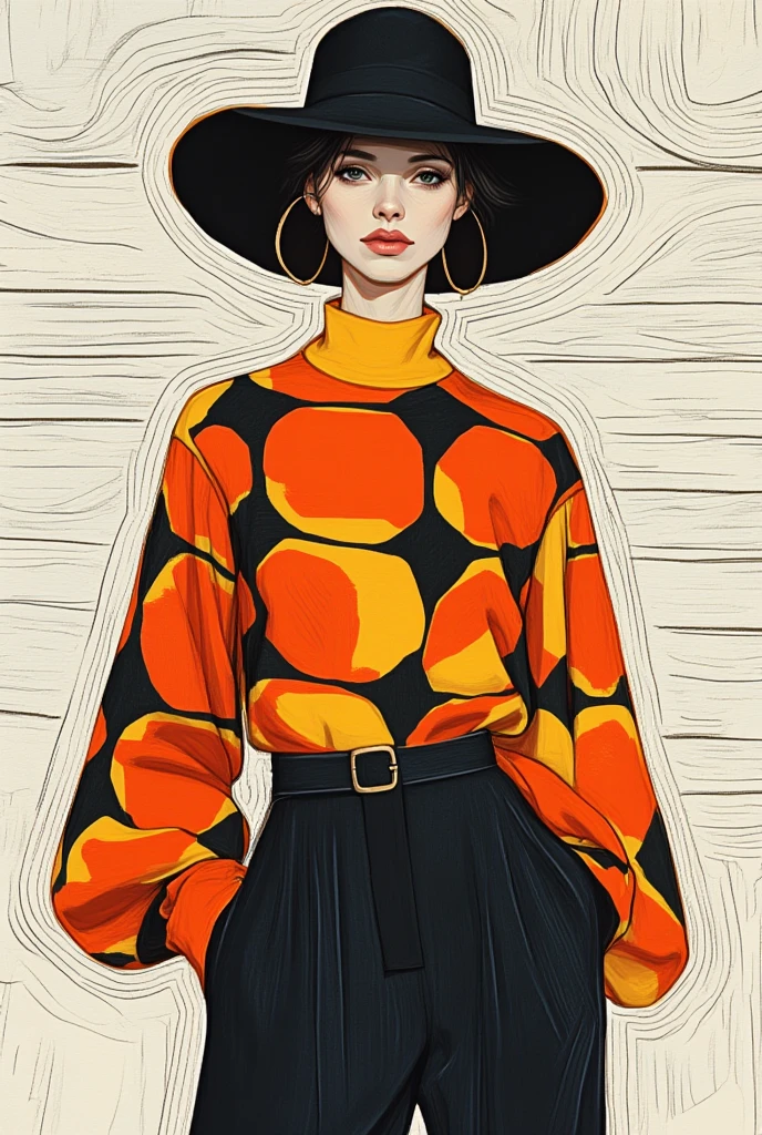 This digital illustration features a stylized fashion model set against a mesmerizing optical illusion background, crafted entirely with black and white lines to juxtapose the vibrant orange tones. The optical illusion comprises parallel black and white horizontal lines, but they subtly diverge and converge at alternating intervals, creating a rippling wave-like effect across the composition. These lines are drawn with precision, varying slightly in thickness to produce an undulating rhythm that appears to recede and advance, giving the impression of depth and movement. The background's intricate linear flow contrasts sharply with the subject, a person of indeterminate gender wearing a striking high-necked turtleneck with long sleeves, decorated with bold black and yellow geometric patterns arranged in a grid-like design. The voluminous sleeves extend past the wrists, adding a dynamic element to the silhouette. The bottom half of the outfit is a high-waisted, dark navy skirt or pants, cinched with a thin, gold belt that mirrors the large gold hoop earrings framing the partially obscured face beneath a wide-brimmed black hat. The overall composition balances the clean, modern aesthetic of the outfit with the hypnotic, meticulously crafted background, creating a visual interplay that is both sophisticated and compelling.