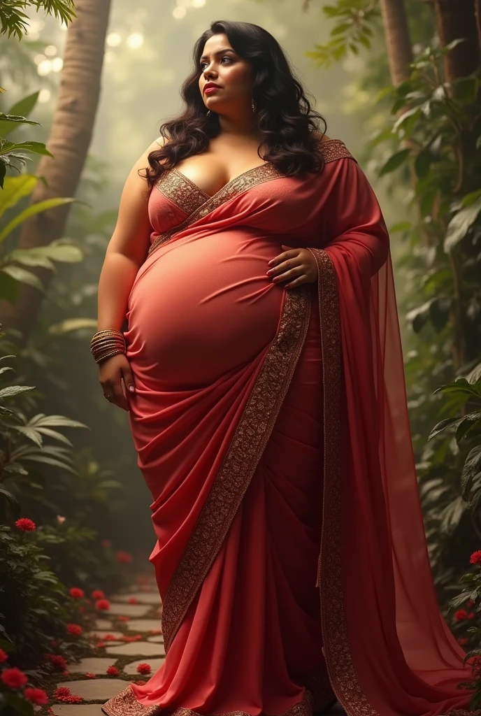 indian woman in rain, saree, holding umbrella, heavily pregnant huge pregnant belly