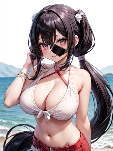 1 girl, detailed blue eyes, lange wimpern, detailed beautiful face, 4k quality, (Long black hair:1.4), (arms behind back:1.6), gefesselte Arme, Red rope, (blushing:1.3), (Big boobs:1.2), (White Bikini , schwarzer bikini mit hinten schnürung, black skirt with Bikini under, höschen mit seiten schnürung, school girl, 18 jears old:1.6), OTN, Gag, gagged, shibari, liegend im wasser, nah aufnahmen, wet skin, laying in beach water, liegend