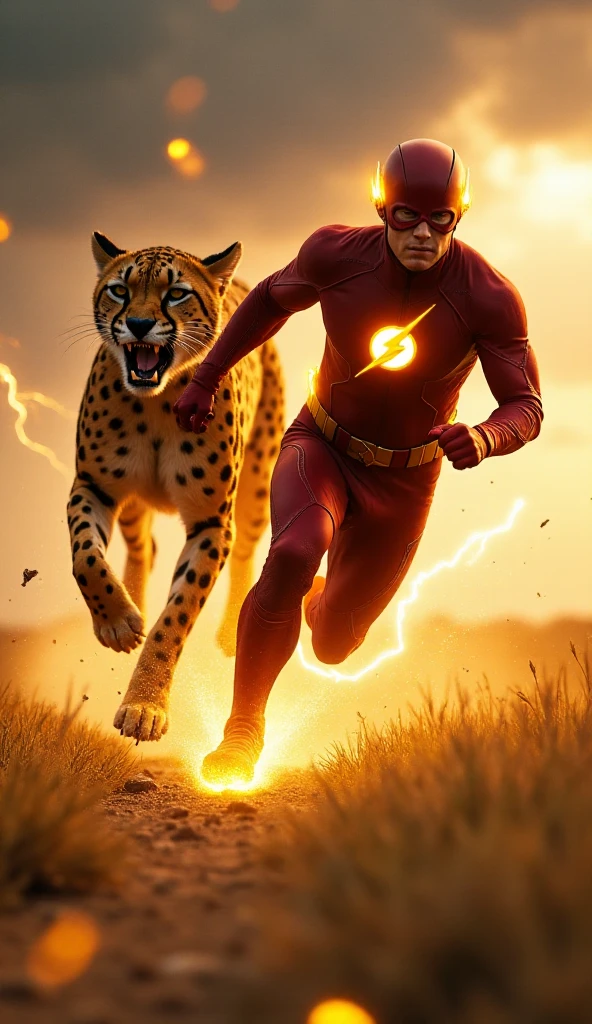 An electrifying and high-speed battle scene between Flash and a massive, ferocious cheetah. Flash, wearing his iconic red suit with golden lightning accents, moves at superhuman speed, leaving behind streaks of glowing yellow lightning that arc through the air. His face is intense and focused, with visible signs of strain and sweat as he pushes himself to his limits. The cheetah, larger than life and muscular, moves in a blur alongside him, its sleek golden fur patterned with black spots and glinting in the light. Its claws are extended, sharp and deadly, and its glowing amber eyes lock onto Flash as it snarls mid-sprint, revealing sharp fangs. The scene shows the two moving across a vast savannah at impossible speeds, the ground splitting and dust exploding beneath their feet. Torn grass and debris fly into the air, caught in the force of their movement. The background is dynamic and motion-blurred, with faint lightning flashes and gusts of wind highlighting their incredible speed. The lighting emphasizes the intensity, with dramatic sunlight breaking through storm clouds, casting their forms into sharp relief. The image is hyper-realistic, full of energy, speed trails, and the raw tension of their legendary clash