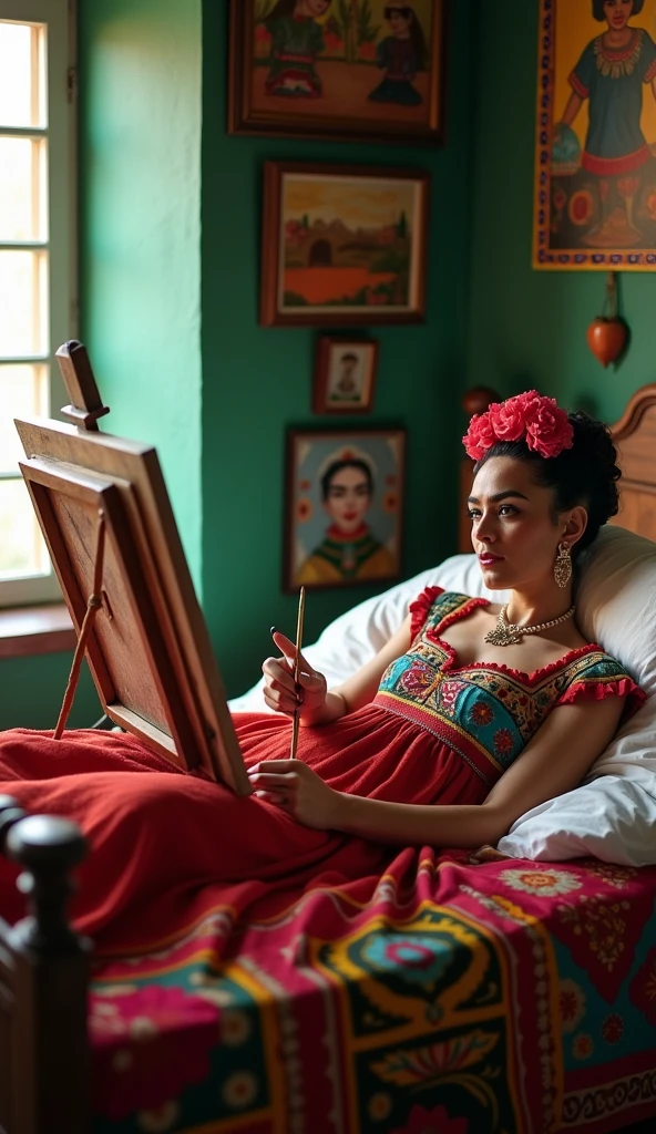 A portrait of Frida Kahlo, capturing her distinctive style with traditional Mexican clothing and elaborate floral headpiece. Her hair is styled in thick braids, adorned with colorful flowers, reflecting her iconic appearance. She wears a vibrant red and teal dress with intricate patterns, emphasizing her cultural heritage. The background is filled with bold, vivid colors, reflecting the intensity of her art and personality. The overall style is a mix of realism and symbolic elements that reflect her unique identity.