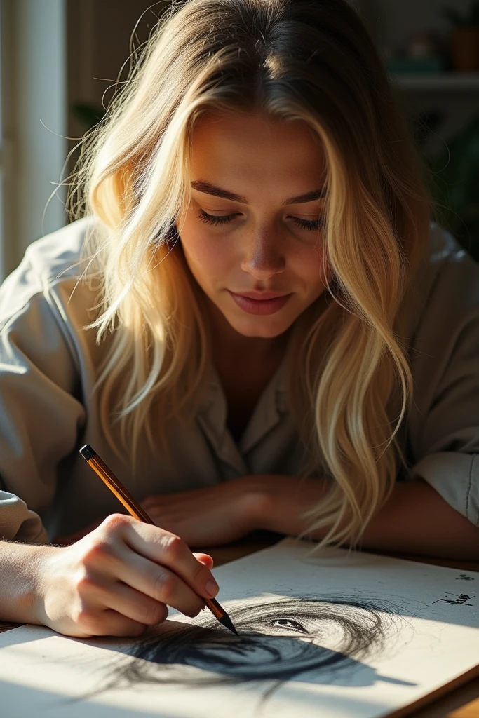 A beautiful blonde woman talking drawing