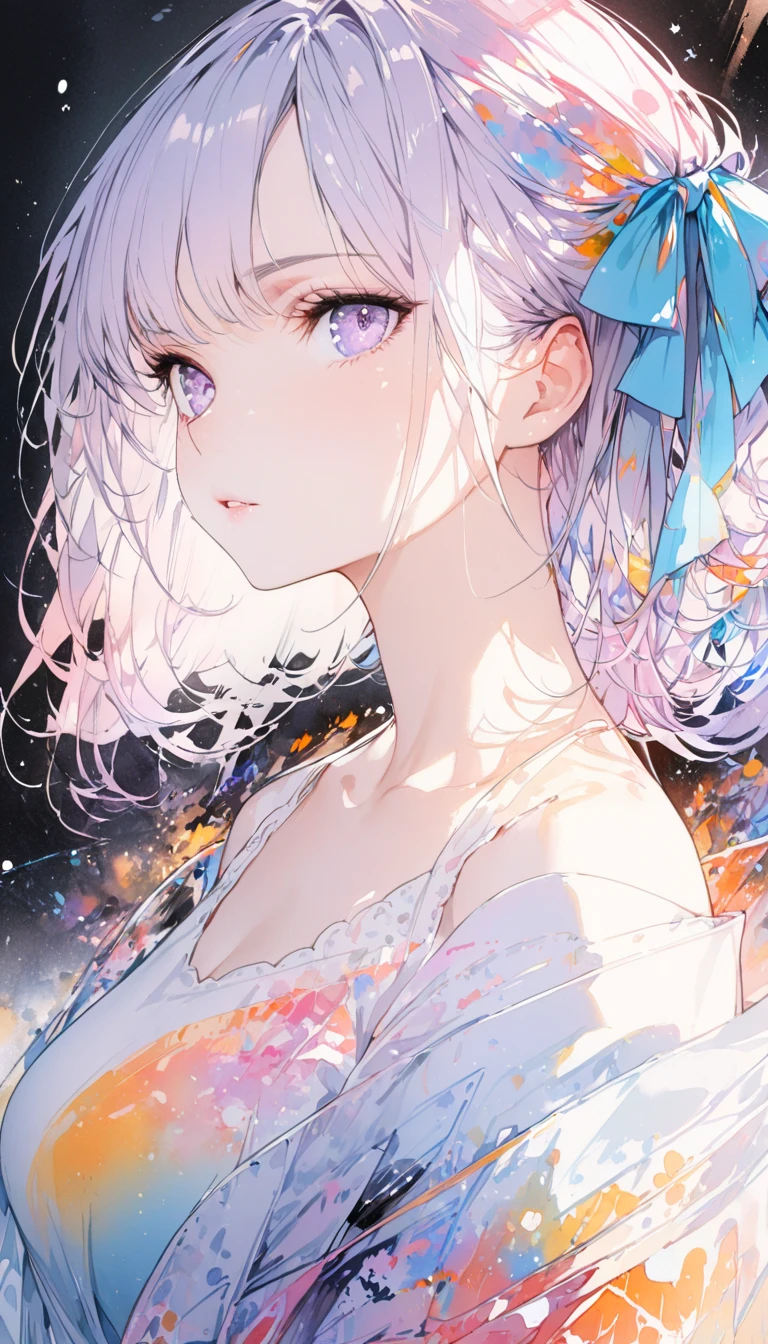 (8k,  top quality, masterpiece:1.2),( top quality:1.0), ( super high resolution :1.0), watercolor,  beautiful woman,  shoulder,  hair ribbon, by agnes cecile, Half-body portrait, Extremely bright and brilliant design,  pastel color, (ink:1.3), autumn lights,