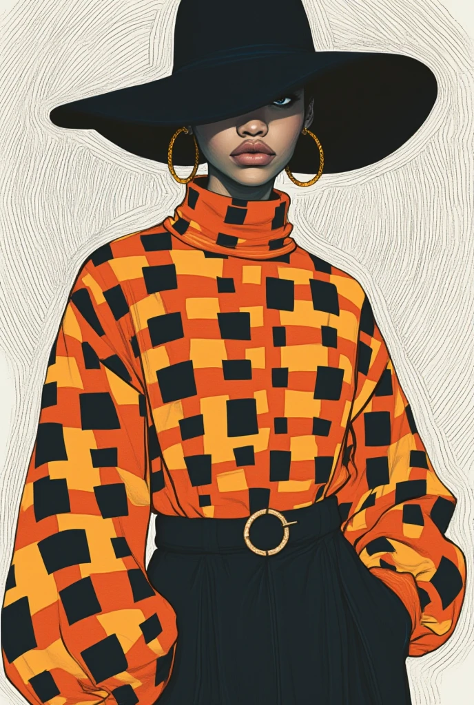 This digital illustration features a stylized fashion model set against a mesmerizing optical illusion background, crafted entirely with black and white lines to juxtapose the vibrant orange tones. The optical illusion comprises parallel black and white horizontal lines, but they subtly diverge and converge at alternating intervals, creating a rippling wave-like effect across the composition. These lines are drawn with precision, varying slightly in thickness to produce an undulating rhythm that appears to recede and advance, giving the impression of depth and movement. The background's intricate linear flow contrasts sharply with the subject, a person of indeterminate gender wearing a striking high-necked turtleneck with long sleeves, decorated with bold black and yellow geometric patterns arranged in a grid-like design. The voluminous sleeves extend past the wrists, adding a dynamic element to the silhouette. The bottom half of the outfit is a high-waisted, dark navy skirt or pants, cinched with a thin, gold belt that mirrors the large gold hoop earrings framing the partially obscured face beneath a wide-brimmed black hat. The overall composition balances the clean, modern aesthetic of the outfit with the hypnotic, meticulously crafted background, creating a visual interplay that is both sophisticated and compelling.