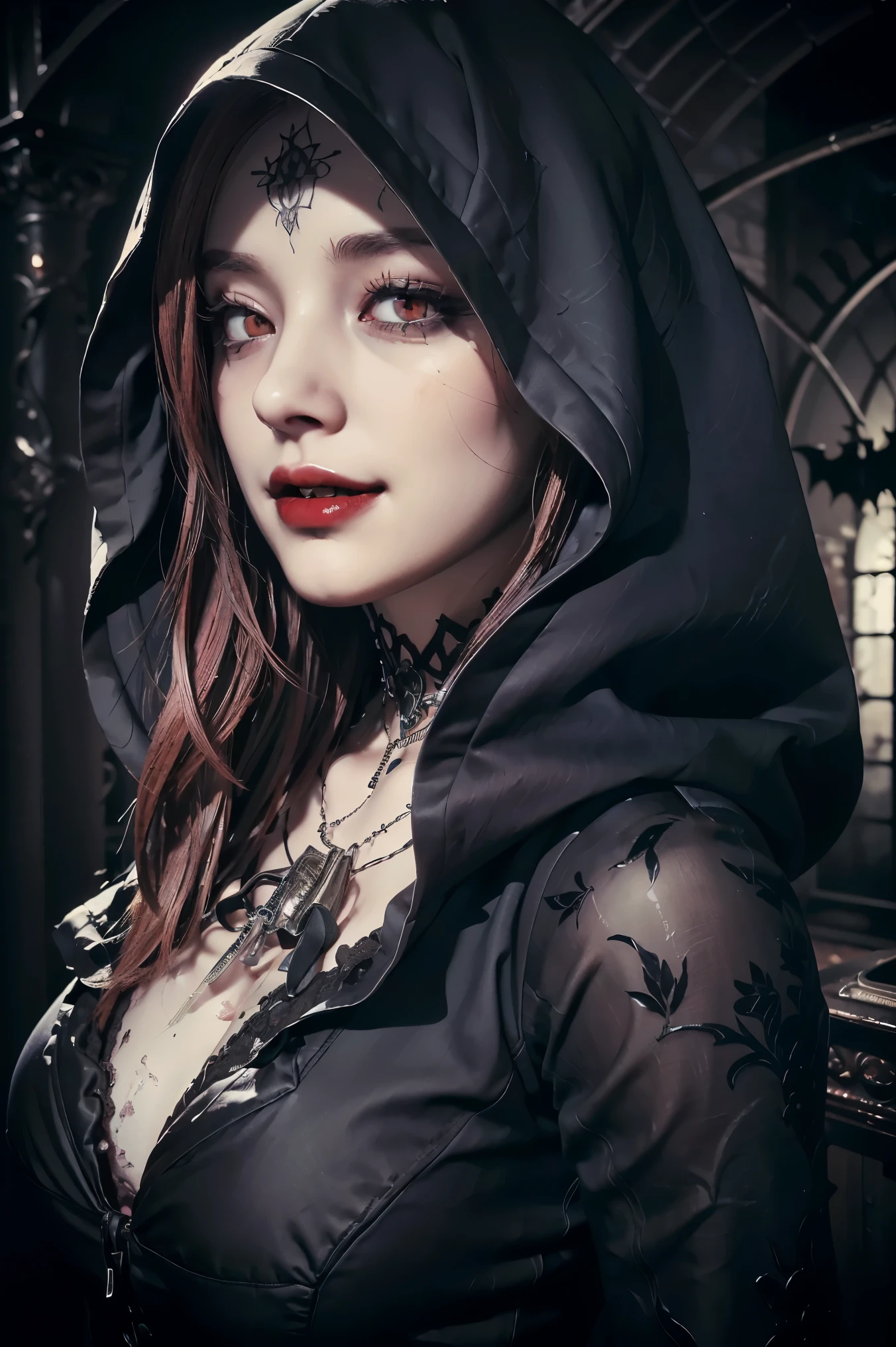 (((Best quality, 8k, Masterpiece: 1.3)), ((best quality)), ((masterpiece)), (detailed), perfect face, (detailed skin:1.3), (intricate details), Detailed eyes, Gothic horror, vampire, red eyes, fangs, dirty dress, Hooded, bats, abandoned houses, spider webs, midnight