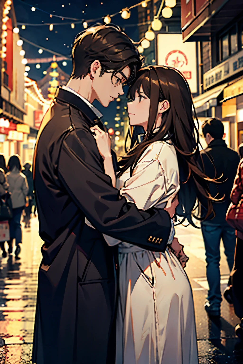 A masculine man and a beautiful women looking up at eachother lovingly. The girl has long dark hair